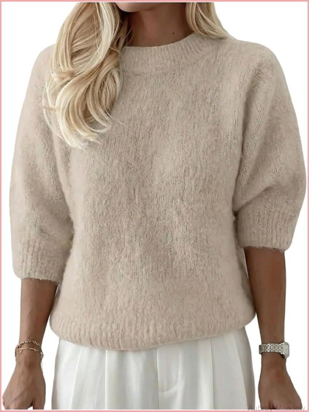 Fuzzy 3/4 Sleeve Sweater Dressy Casual Crew Neck Loose Knit Fall Pullover